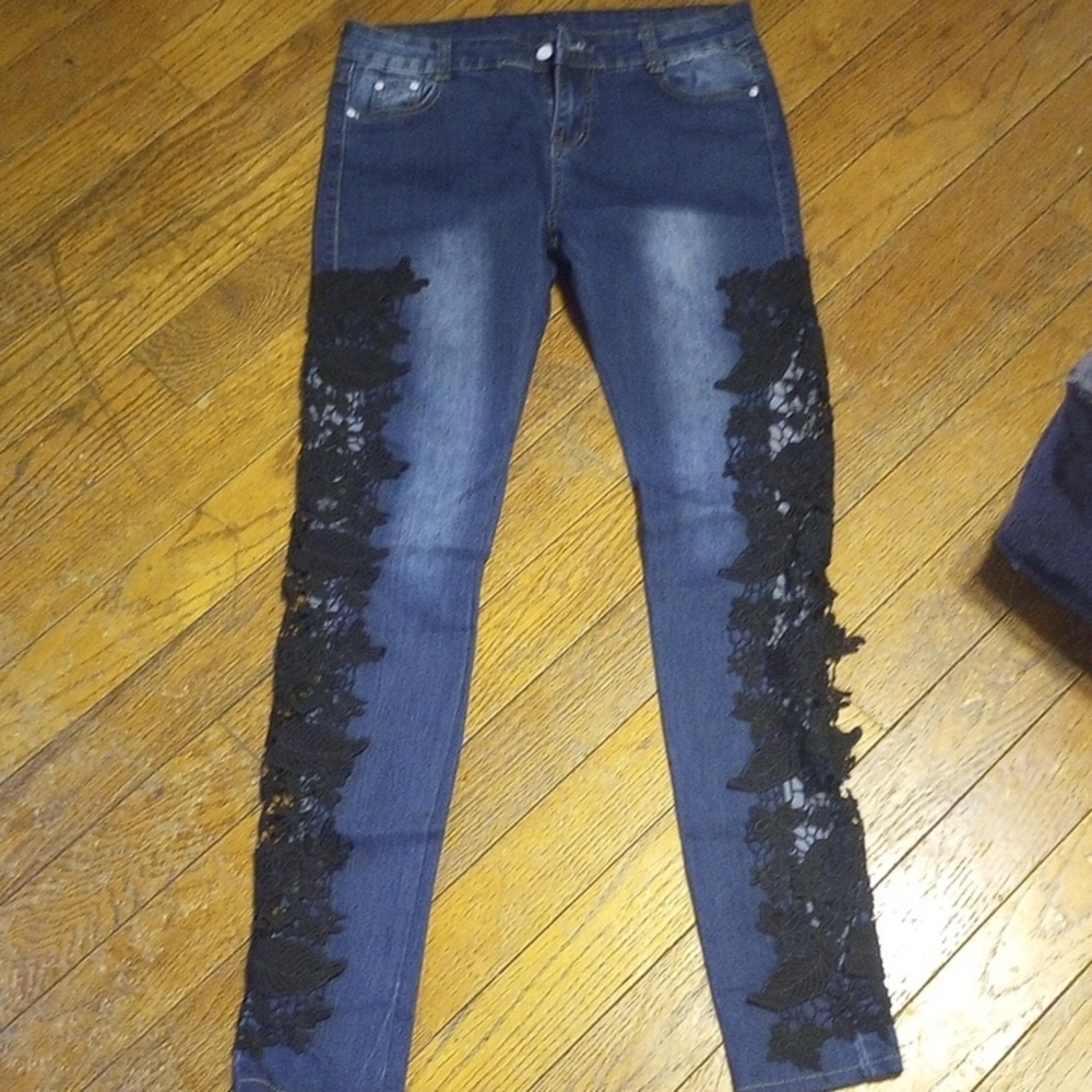 Women's Blue Jeans with Black Lace Detail